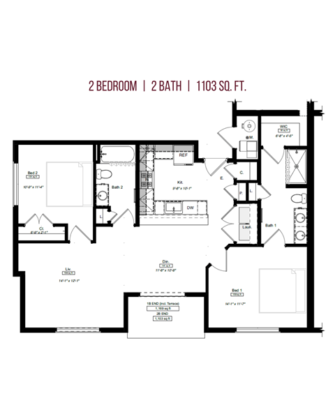 Floor plan for 2 beds, 2 baths, 1107 sqft